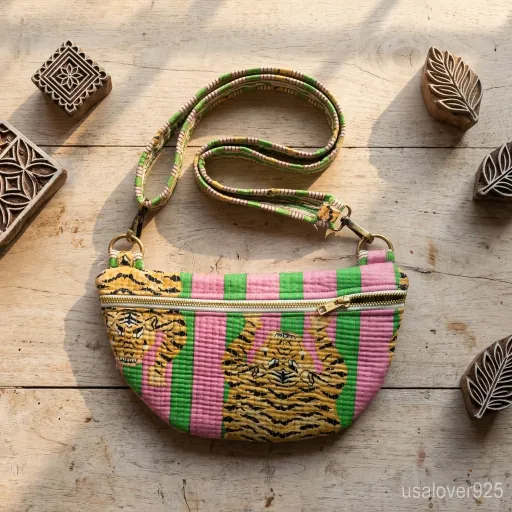 Woman walking through a summer festival wearing a Pink Green Tiger Print Quilted Mini Purse as a secure front crossbody sling.