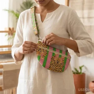 Pink Green Tiger Print Quilted Mini Purse with an adjustable crossbody strap showing the vibrant preppy-boho animal print.