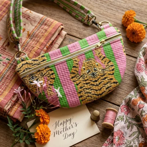 Close-up of secure metal zippers, front pocket, and detailed quilted stitching on a Pink Green Tiger Print Quilted Mini Purse.