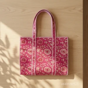 A person carrying a large Pink Indian Floral Quilted Cotton Tote Bag comfortably over their shoulder during a casual weekend travel trip.