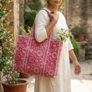 Pink Indian Floral Quilted Cotton Tote Bag with large shoulder handles showing the vibrant traditional hand block print design.
