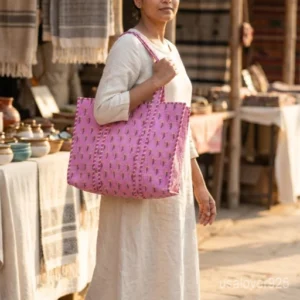 Pink Indian Floral Quilted Cotton Tote Bag with large shoulder handles showing the vibrant traditional hand block print design.