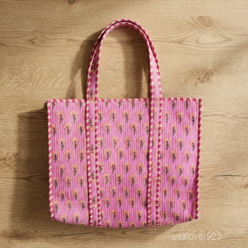 Pink Indian Floral Quilted Cotton Tote Bag with large shoulder handles showing the vibrant traditional hand block print design.