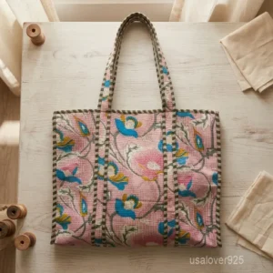 Pink Kantha Stitch Floral Quilted Cotton Tote Bag | USALover925