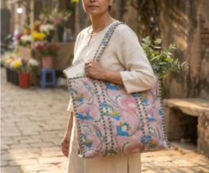 Pink Kantha Stitch Floral Quilted Cotton Tote Bag | USALover925
