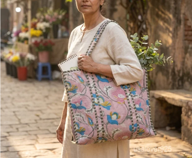 Close-up of the traditional hand-running Kantha embroidery stitches, vintage botanical floral print detailing, soft cotton fabric texture, and handles on an Indian upcycled tote bag.