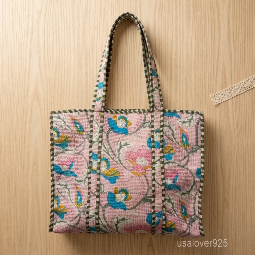 Pink Kantha Stitch Floral Quilted Cotton Tote Bag with comfortable shoulder handles showing the blue and yellow vintage boho patterns.