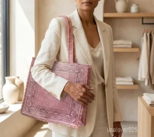 Pink Paisley Kantha Quilted Cotton Tote Bag with double shoulder straps showing the traditional handprinted paisley design.