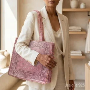 Pink Paisley Kantha Quilted Cotton Tote Bag with double shoulder straps showing the traditional handprinted paisley design.
