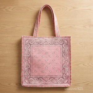 Pink Paisley Kantha Quilted Cotton Tote Bag with double shoulder straps showing the traditional handprinted paisley design.