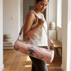 Pink Quilted Cotton Yoga Mat Bag with an adjustable shoulder strap showing the traditional block print horse design.
