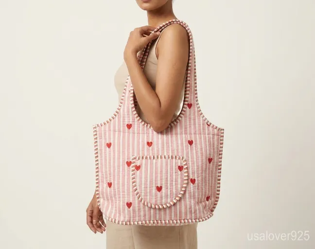 Pink Red Quilted Cotton Tote Bag with comfortable over-the-shoulder handles held against a natural background.