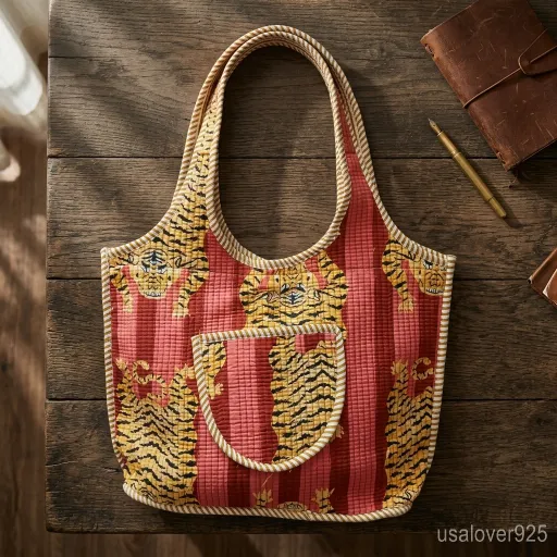 Woman walking through the city carrying a Pink Red Tiger Print Quilted Tote packed with a laptop and books.