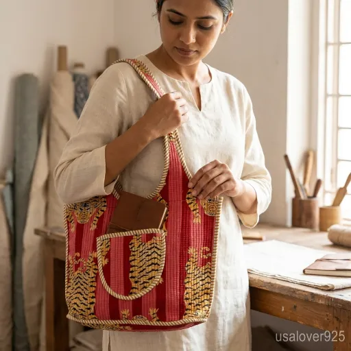Pink Red Tiger Print Quilted Tote with comfortable over-the-shoulder straps featuring an ethnic animal print pattern.