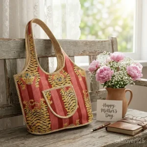 Close-up of vibrant pink and red tiger stripe print fabric with detailed quilted stitching and top zipper closure.