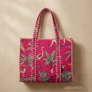 A shopper carrying the Pink Tropical Exotic Cat Tote Bag by the wide straps, showcasing its generous packing capacity and vibrant bohemian accessory style at a resort.