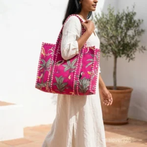 Pink Tropical Exotic Cat Tote Bag showing the traditional artisan jungle print design with the spacious main compartment opening and reinforced shoulder straps.