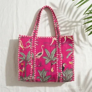 Pink Tropical Exotic Cat Tote Bag showing the traditional artisan jungle print design with the spacious main compartment opening and reinforced shoulder straps.