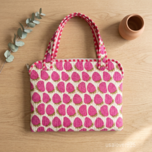 Pink Strawberry Laptop Sleeve showing the traditional hand block print artisan design with the smooth zipper closure and double carry handles.