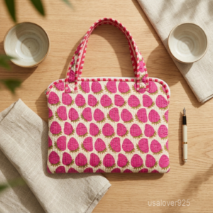 Pink Strawberry Laptop Sleeve showing the traditional hand block print artisan design with the smooth zipper closure and double carry handles.