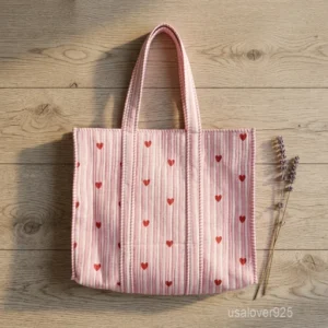 A person carrying a large Pink Striped Heart Print Quilted Cotton Tote Bag comfortably over their shoulder during a casual weekend travel trip.