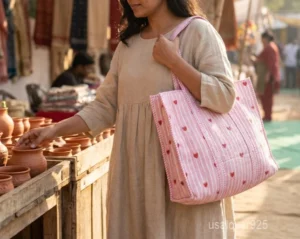 Pink Striped Heart Print Quilted Cotton Tote Bag with large shoulder handles showing the whimsical heart pattern and striped accents.