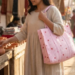Pink Striped Heart Print Quilted Cotton Tote Bag with large shoulder handles showing the whimsical heart pattern and striped accents.