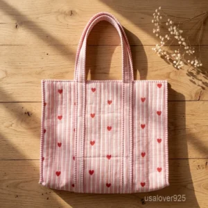 Pink Striped Heart Print Quilted Cotton Tote Bag with large shoulder handles showing the whimsical heart pattern and striped accents.