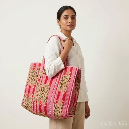 Pink Tiger Print Reversible Quilted Tote with long shoulder handles showing the bold animal print side.