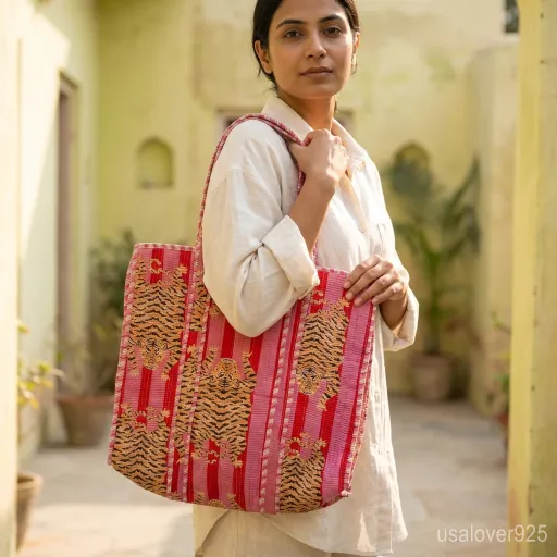 Pink Tiger Print Reversible Quilted Tote with long shoulder handles showing the bold animal print side.