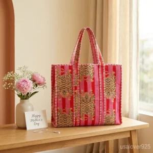 Close-up of the reversible solid color side and detailed quilted stitching on a Pink Tiger Print Reversible Quilted Tote.