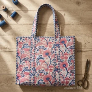 A person carrying a large horizontal Pink and Blue Floral Quilted Cotton Tote Bag comfortably over their shoulder during a casual weekend market run.