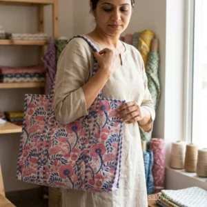 Pink and Blue Floral Quilted Cotton Tote Bag with wide shoulder straps showing the unique wide-profile horizontal design.