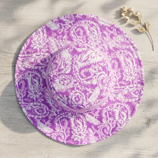 Close-up of authentic purple floral hand block print on a quilted cotton bucket hat.