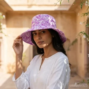 Purple Floral Quilted Cotton Bucket Hat handmade in Jaipur for Soft-Girl summer fashion.