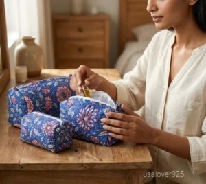 Set of 3 Purple Floral Quilted Cotton Toiletry Bags nesting set showing the traditional lavender artisan design and secure zipper closures.
