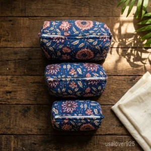 Set of 3 Purple Floral Quilted Cotton Toiletry Bags nesting set showing the traditional lavender artisan design and secure zipper closures.