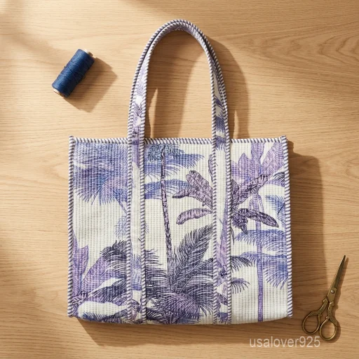 A person carrying a large Purple Palm Print Quilted Cotton Tote Bag comfortably over their shoulder during a tropical holiday beach visit.