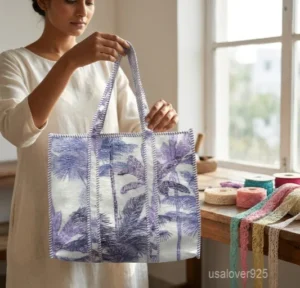 Purple Palm Print Quilted Cotton Tote Bag with comfortable shoulder handles showing the tropical botanical tree design.