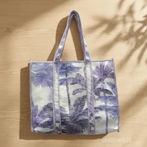 Purple Palm Print Quilted Cotton Tote Bag with comfortable shoulder handles showing the tropical botanical tree design.