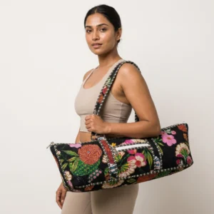 Black Floral Quilted Yoga Mat Bag showing the traditional hand block print artisan design with the spacious duffle-style opening and comfortable shoulder carry handles.
