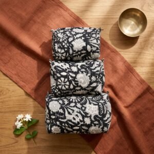 Close-up of the largest case in the Quilted Cotton Cosmetic Bag Set opened to reveal the clean waterproof plastic inner lining, smooth zipper track, and protective horizontal stitching texture.