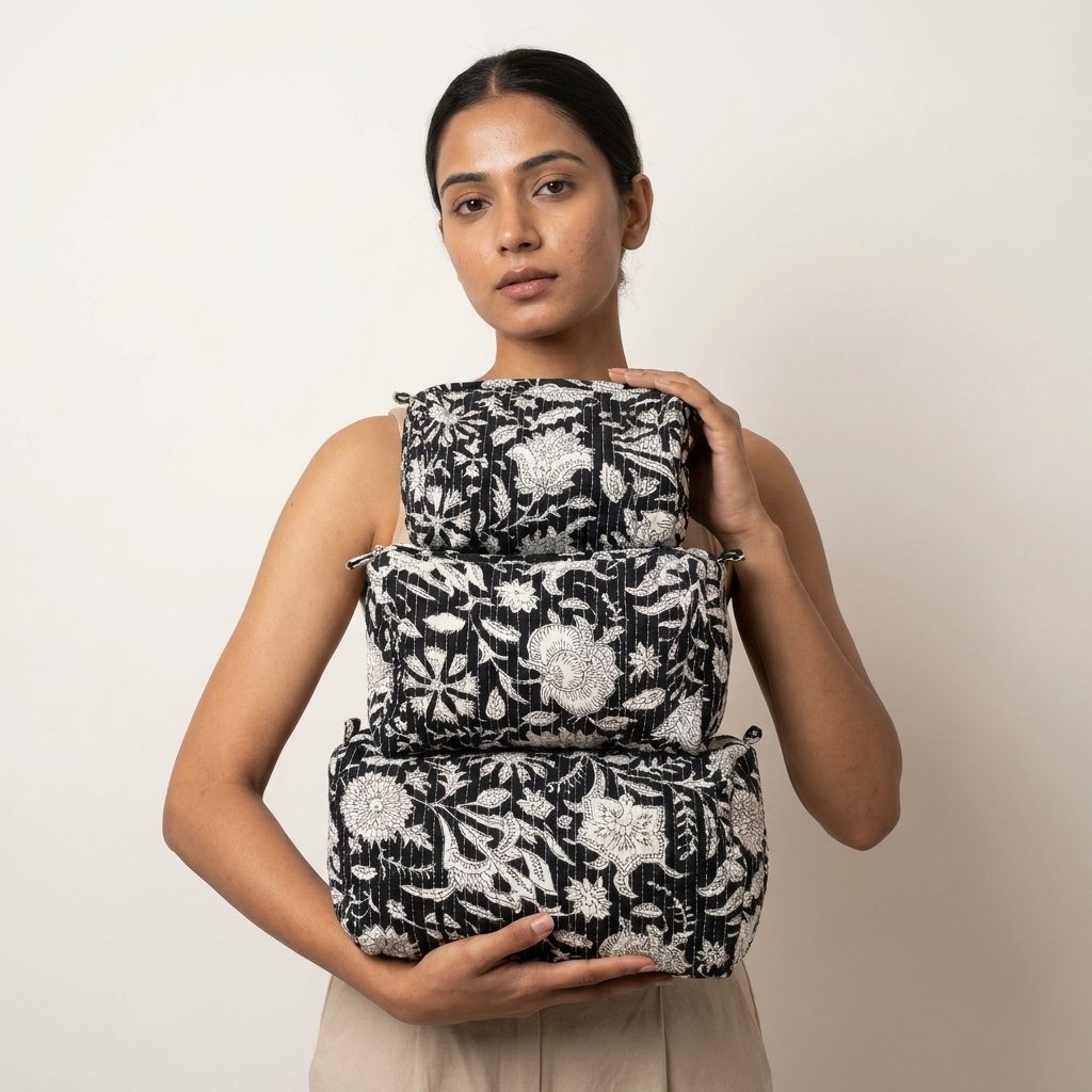 A traveler arranging the three pieces of the Quilted Cotton Cosmetic Bag Set on a modern bathroom vanity counter, displaying the large, medium, and small sizes filled with skincare bottles.