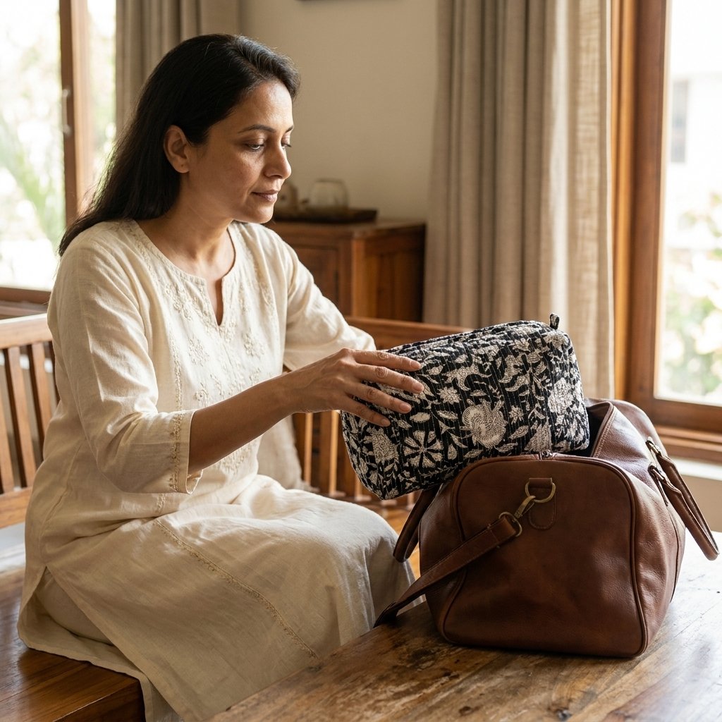 Quilted Cotton Cosmetic Bag Set showing the nested 3-piece handmade travel pouch bundle with the traditional black and white hand block print design and handcrafted tassel pulls.