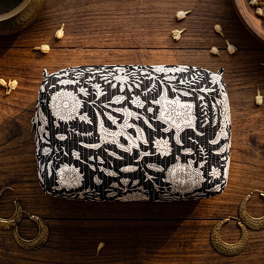 Close-up of the largest case in the Quilted Cotton Cosmetic Bag Set opened to reveal the clean waterproof plastic inner lining, smooth zipper track, and protective horizontal stitching texture.