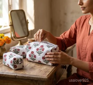 Quilted Cotton Makeup Pouch showing the traditional block print artisan design and secure zipper closure.
