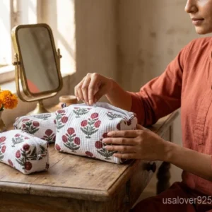 Quilted Cotton Makeup Pouch showing the traditional block print artisan design and secure zipper closure.