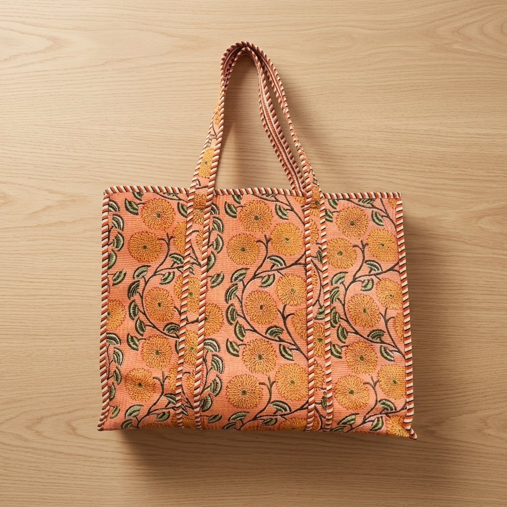 Close-up of the handcrafted earthy floral print detailing, classic striped handle strap attachments, dense quilted stitching texture lines, and wide base gusset on an Indian cotton carryall tote.