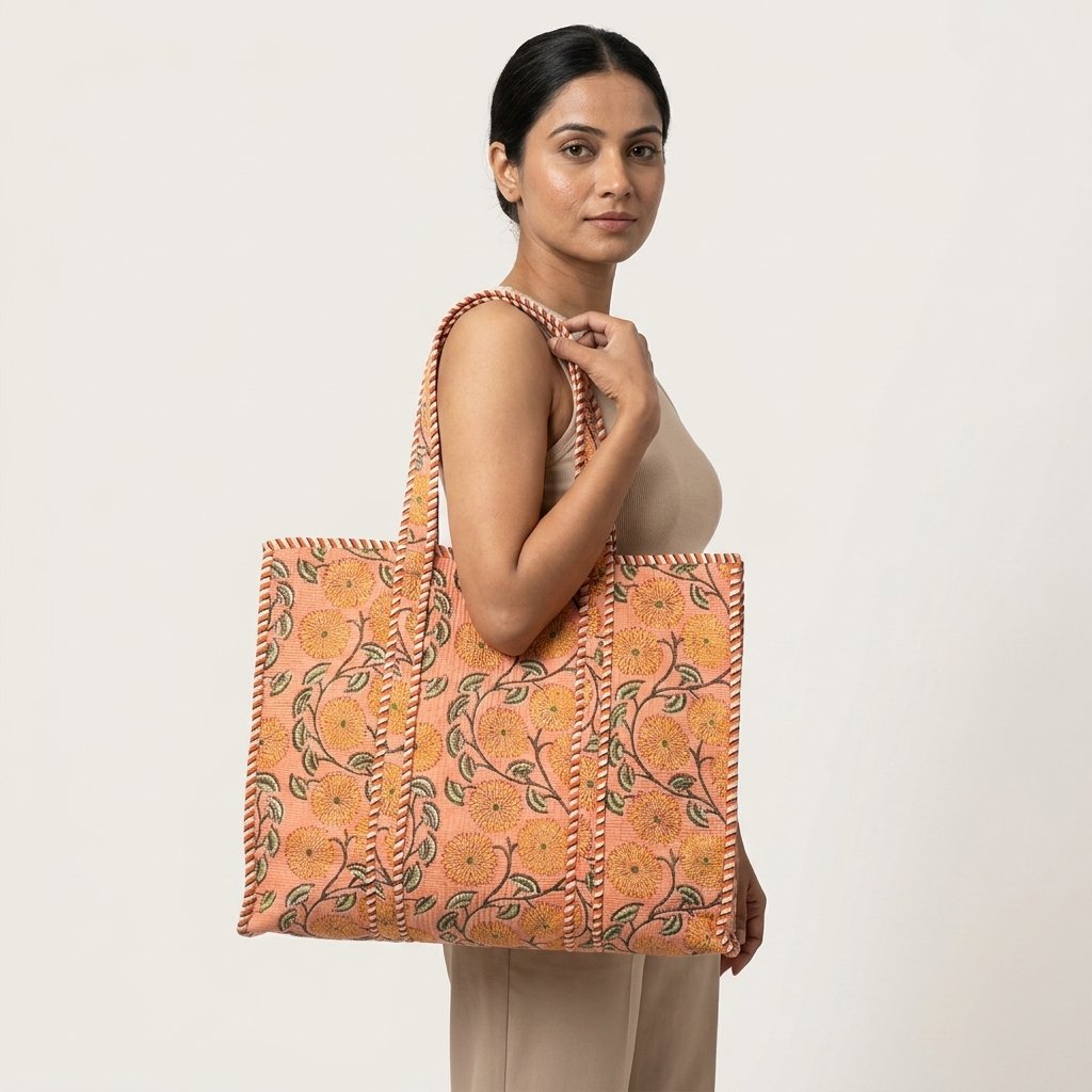 A shopper carrying the Quilted Floral Block Print Cotton Tote Bag by the striped straps, showcasing its compact yet spacious packing capacity and elegant bohemian style at an outdoor market.
