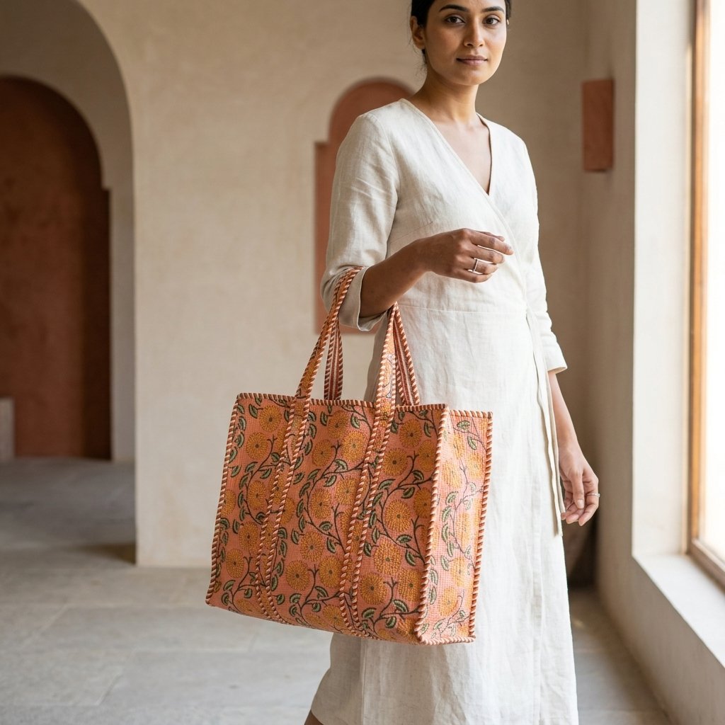 Quilted Floral Block Print Cotton Tote Bag showing the traditional hand block print artisan design with the spacious main compartment opening and reinforced striped shoulder handles.
